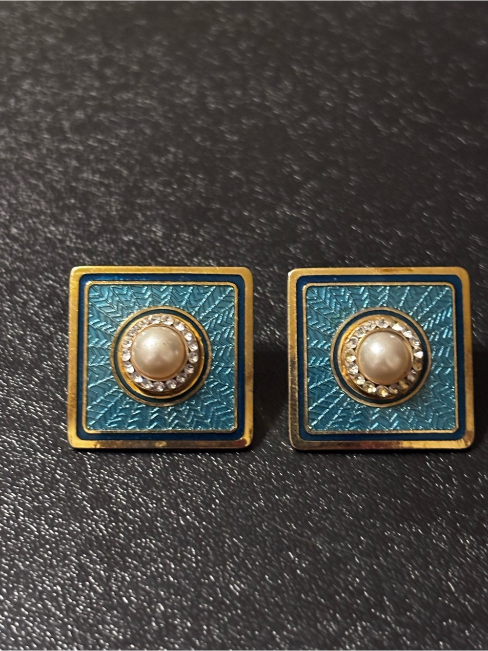 Square Teal Enamel Earrings Faux‎ Pearl and Crystal Halo Accents Nuri